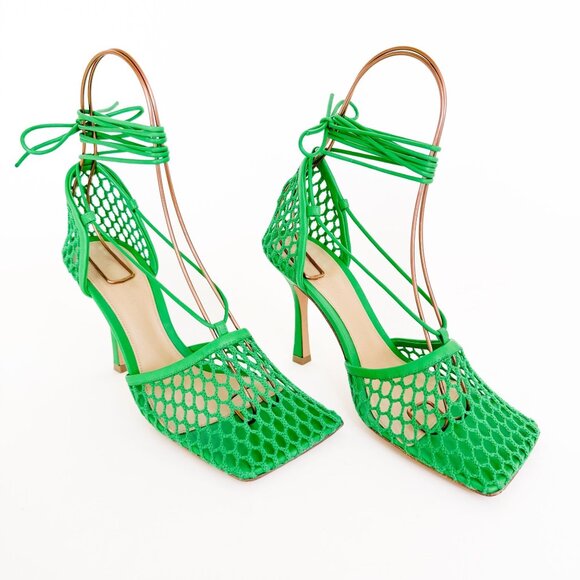 Bottega Veneta Stretch Lace-Up Sandals EU 38 US 8 Green Mesh Fishnet High Heel - Picture 1 of 13